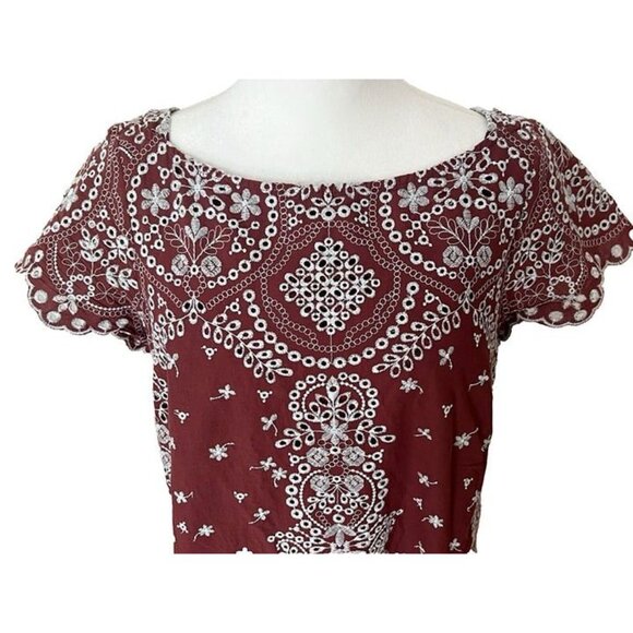 Feather Bone Anthropologie Small Brown White Eyelet Lace Embroidery Boho Dress - Picture 5 of 8